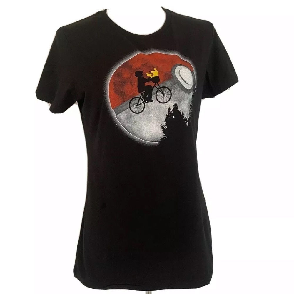 Teefury Mashup ET Pikachu Black Fitted Graphic T-Shirt 3XL Stretch Cotton New